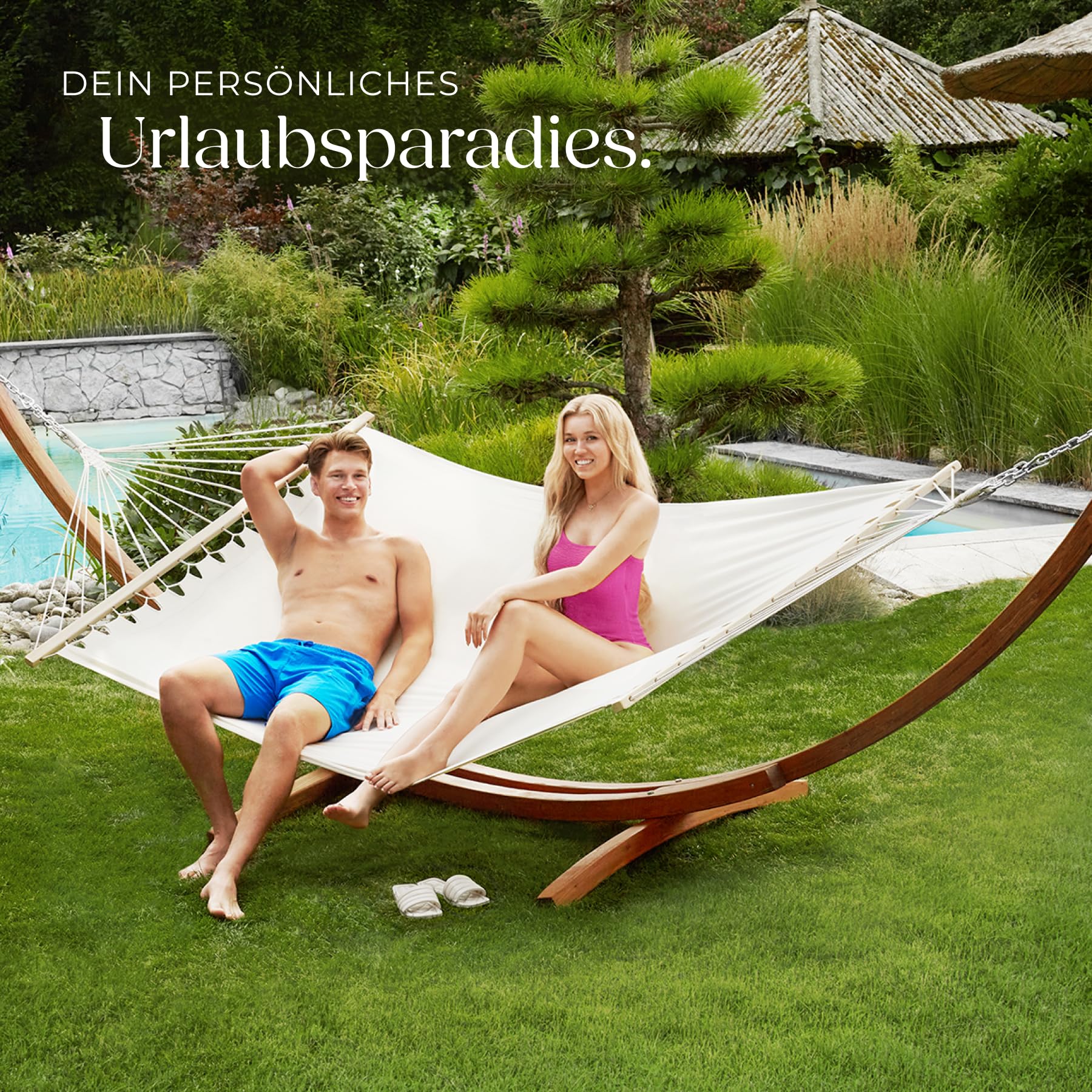 tectake® XXL Outdoor Hängematte für 2 Personen, Doppelliege mit Gestell, Liegefläche 205x150 cm, Belastbarkeit max. 200 kg, Gartenschaukel, Möbel für Balkon, Garten und Terrassen
