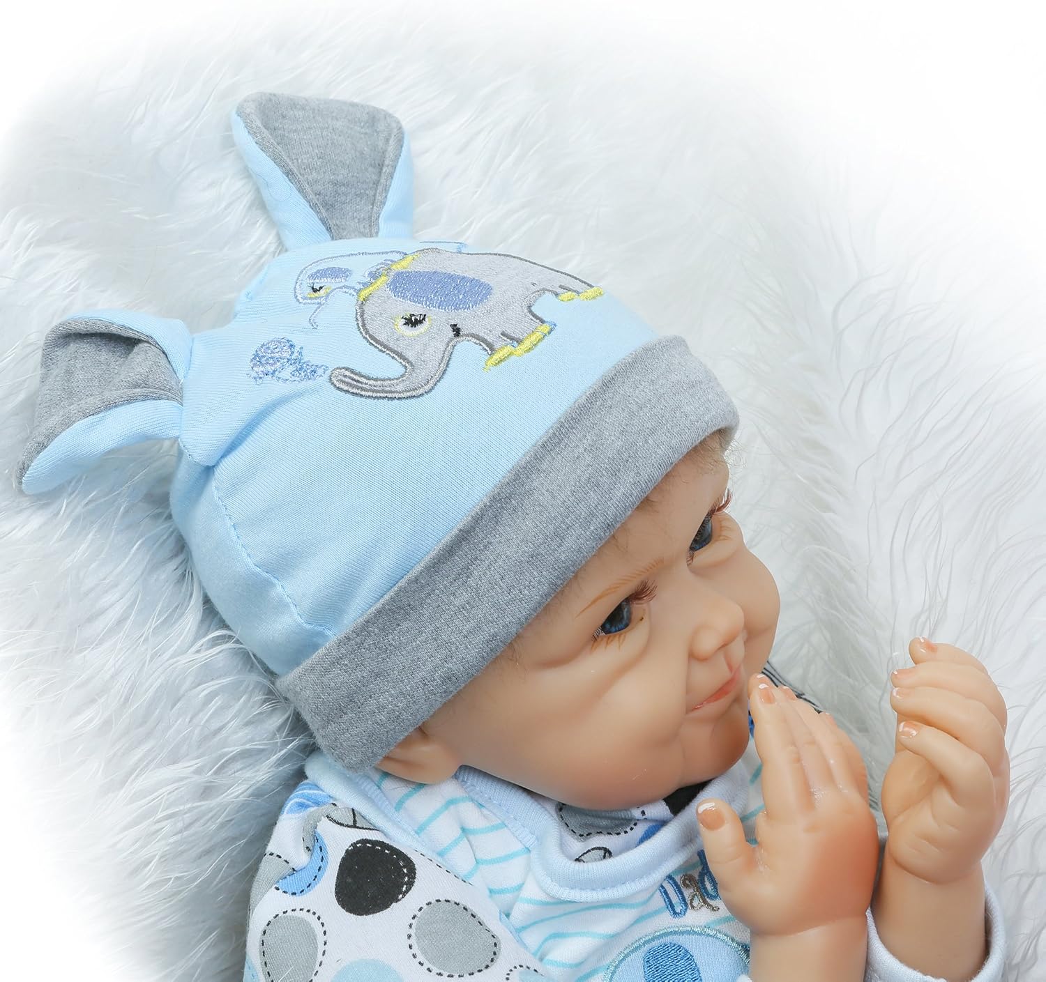 Free Shipping 🛒 Realistic Reborn Baby Dolls Boy 22 Inch Vinyl Silicone Baby Doll Eyes Open Lifelike Handmade Newborn Baby Boy Real Life Wear Elephant Pattern Bib