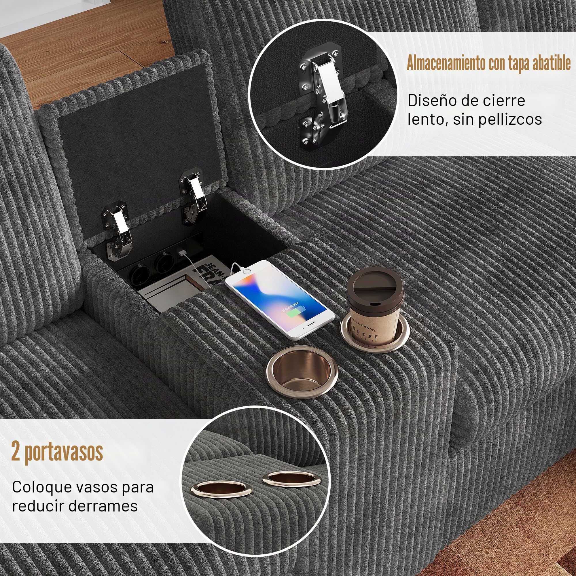 LAKFEW Sofa de 4 Plazas en U con USB C y 2 Reposapiés de Almacenaje, Sofas de Salon 4 Plazas con 2 Portavasos y 2 Cojines, Sofa Modular Rinconera, Couch, Pana, 315x135x81 cm, Gris