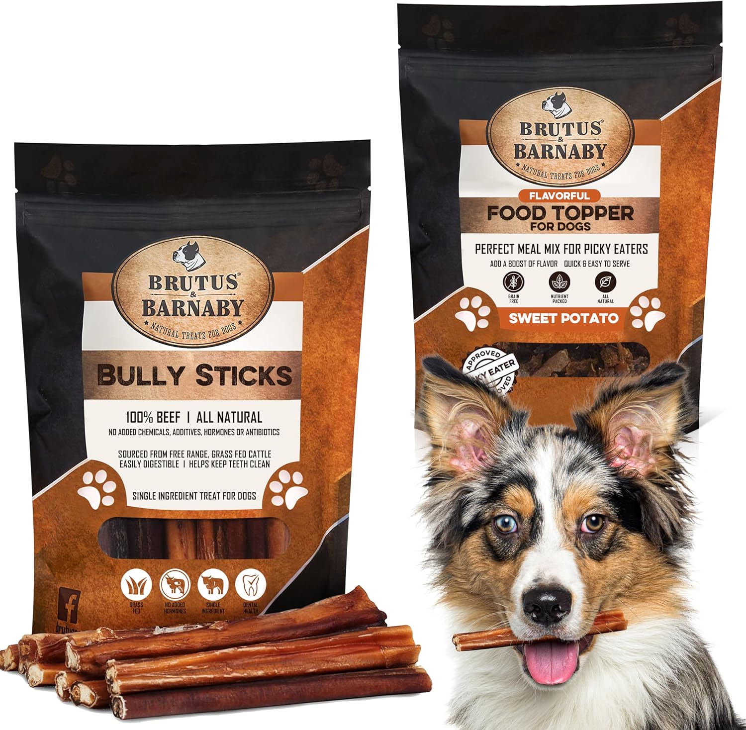 BRUTUS & BARNABY Bully Sticks 8oz + Sweet Potato Kibble Topper 8oz