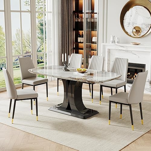 Miniatura 2 de Juego de mesa moderna de comedor para 6, juego de mesa de cocina de mármol con sillas para 6, mesa de cocina rectangular con 6 sillas tapizadas