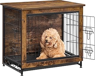 Feandrea 27.2" Dog Crate Furniture, Indoor Dog Cage Side End Table, M Pet Wood Kennel for Medium and Small Dogs up to 30 lb with Multi-Purpose Removable Tray, Double-Door Pet House, Rustic Brown
