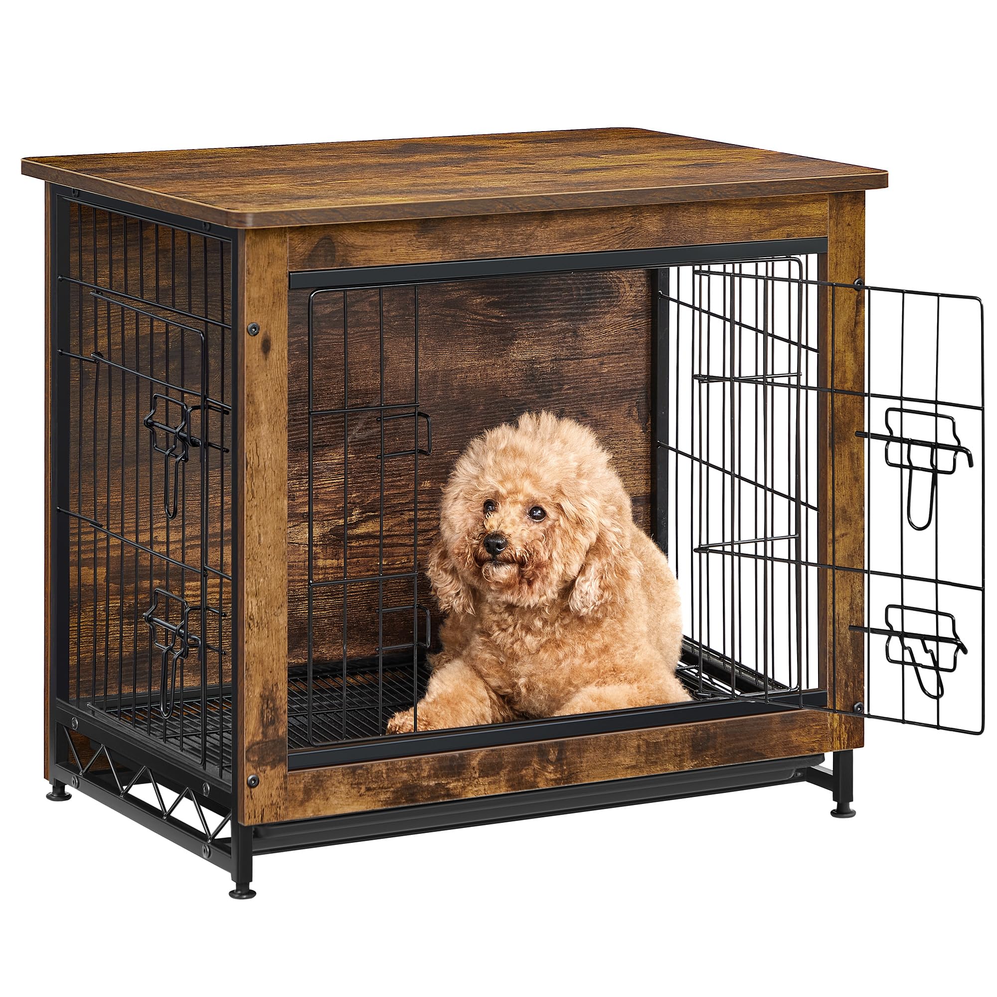 Feandrea 27.2" Dog Crate Furniture, Indoor Dog Cage Side End Table, M Pet Wood Kennel for Medium and Small Dogs up to 30 lb with Multi-Purpose Removable Tray, Double-Door Pet House, Rustic Brown
