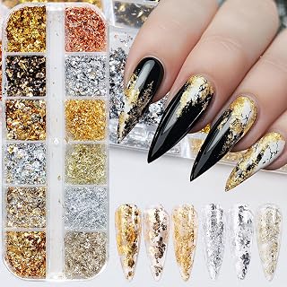 12 Grids Holographic Nail Glitter Gold Foils for Kit Sparkly Ultra-Thin Aluminum Foil Nail Art Flakes Designs Irregular Foil 3D Glitter Foil Sequins for Women DIY Manicure Charms Decorations