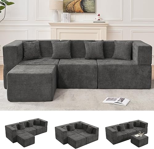 Miniatura 37 de Sofá Modular Seccional Nube para Sala de Estar - Juego de Sofás de Chenilla Convertible de 4 Plazas de 130'' con Otomana, Sofás de Compresión sin