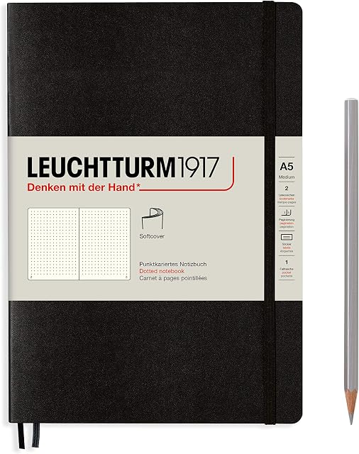 LEUCHTTURM1917 (324804) Notebook Medium (A5) Softcover, 123 Numbered Pages, Dotted, Black
