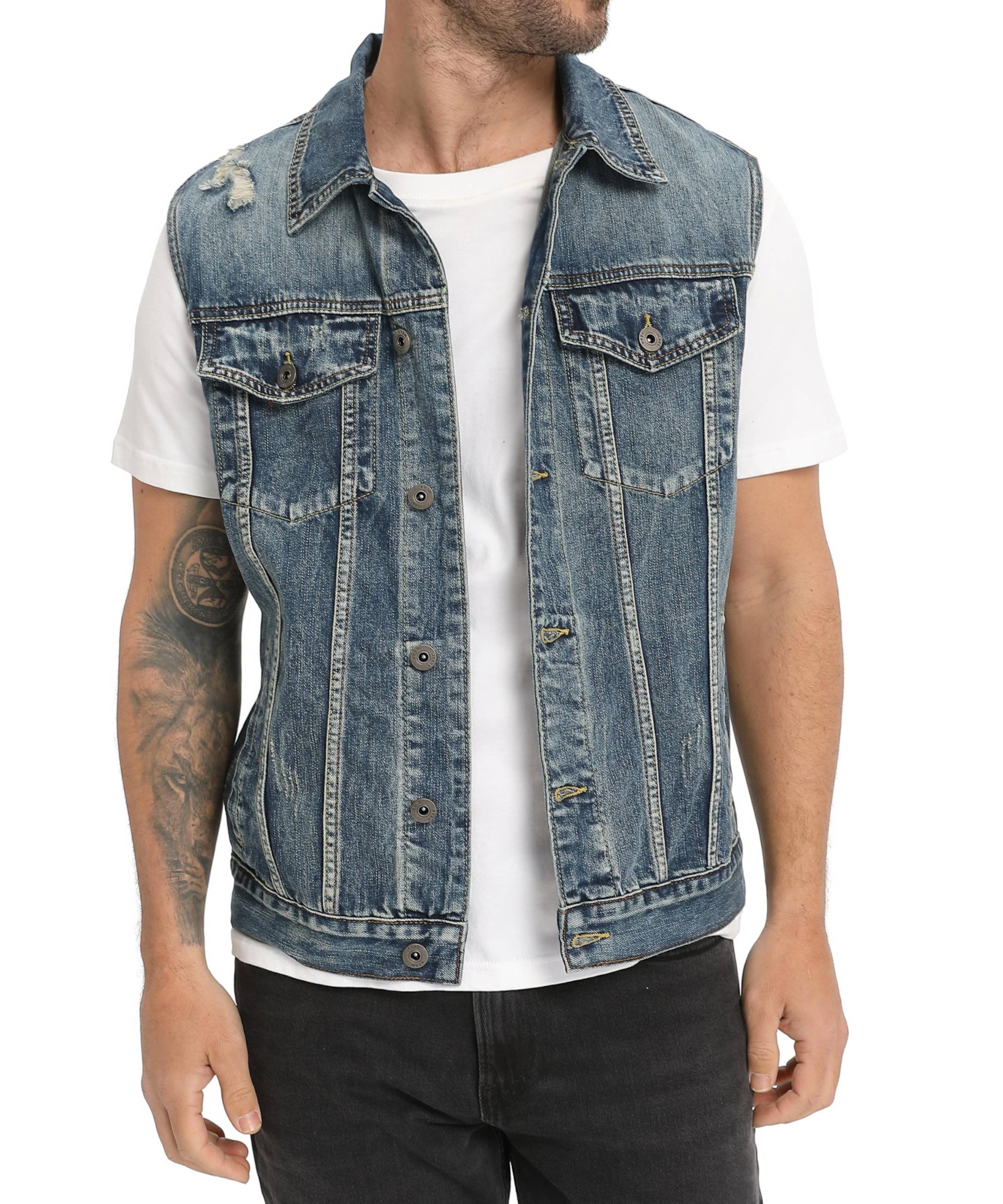 Chaleco de Denim para Hombre Clásico Rasgado de Algodón Chaleco Sin Manga Vintage Jeans Chaqueta con Botones Moto Multibolsillos