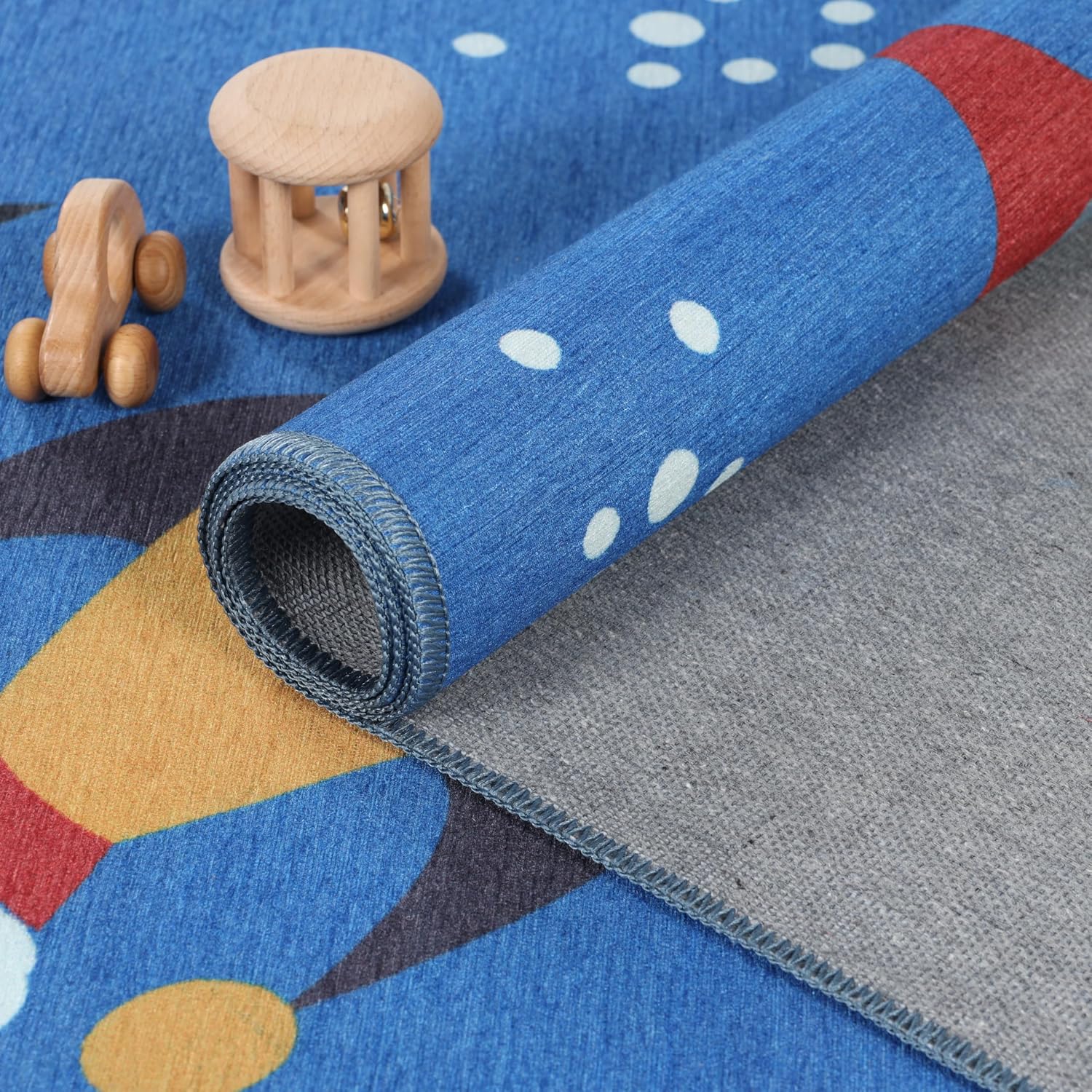 Superior Lil' Flyer Non-Slip Indoor Rug for Kids, Toddlers & Babies, Washable, Perfect for Playroom, Nursery, or Bedroom, Whimsical Space Pattern with Soaring Rockets, 2' x 3', Red-Multicolor