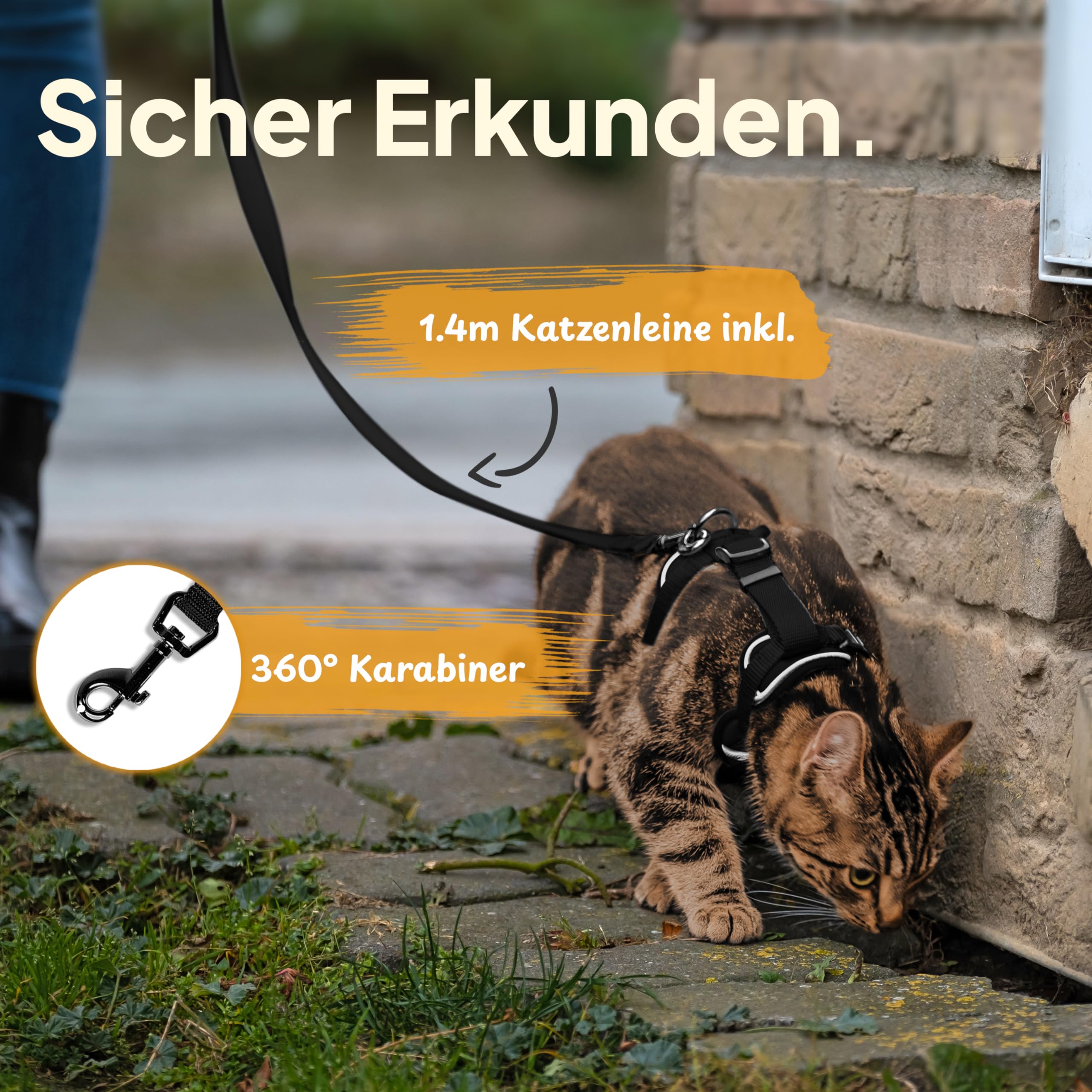 Tierhood Katzengeschirr mit Leine [Neue, LEICHTE Version] - Katzenleine mit Geschirr für Katzen und Kitten - Katzen Geschirr Set mit Leine - Kontrollierte Freiheit - Schwarz, Größe S