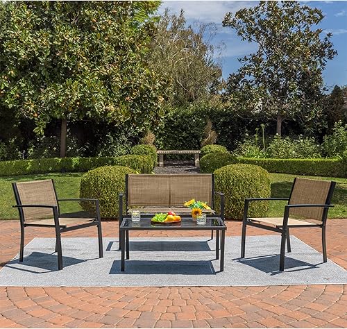 Miniatura 9 de Devoko - Juego de 4 piezas de muebles de patio al aire libre para jardín, sillas y mesa de café de cristal para patio o terraza, Negro