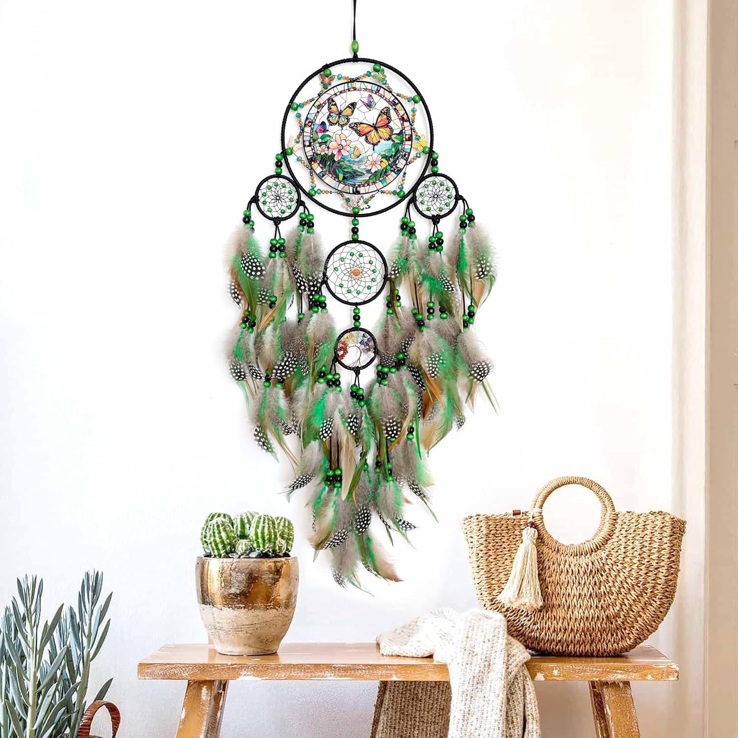 Large Dream Catchers, Rainbow Healing Crystal Tree of Life Dreamcatcher with Butterfly Suncatcher for Windows Hangings Decor, Home Wall Hanging Decor,Adults Boys Girls Festival Blessing Gift (Green)