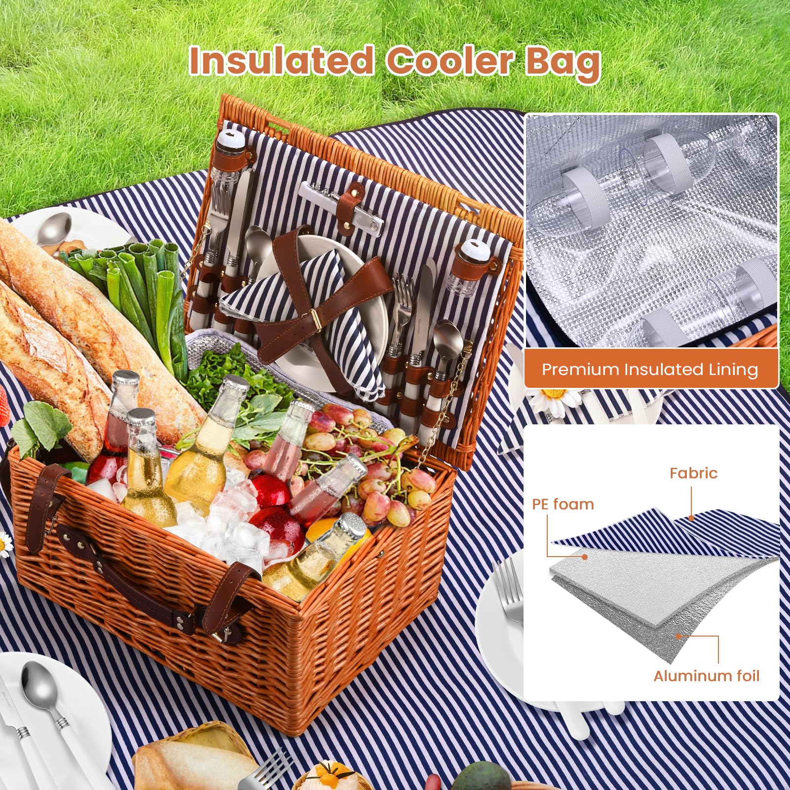 Cestino da Picnic in Vimini per 4 Persone, Cesto Picnic con Scomparto Termico, Coperta Impermeabile, Piatti, Bicchieri, Posate, per Campeggio, Festa all'Aperto, Spiaggia, Escursioni, Blu