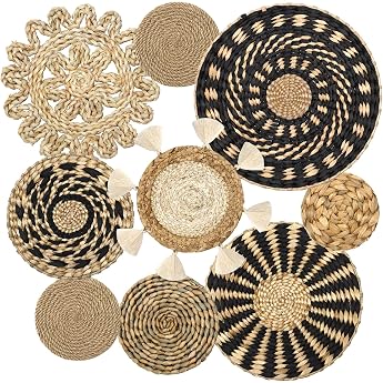 ASTNIC Set of 9 Boho Wall Baskets Wall Hanging Rattan Decor Set Round Woven Boho Rustic Wall Baskets with Tassels Macrame Handwoven Baskets Wall Art Decor for Living Room Bedroom Dining Room Office