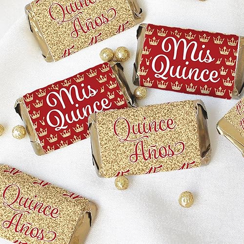 Miniatura 6 de Recuerdos de fiesta de quinceañera rojos y dorados, mini envolturas de barras de caramelo, 45 calcomanías