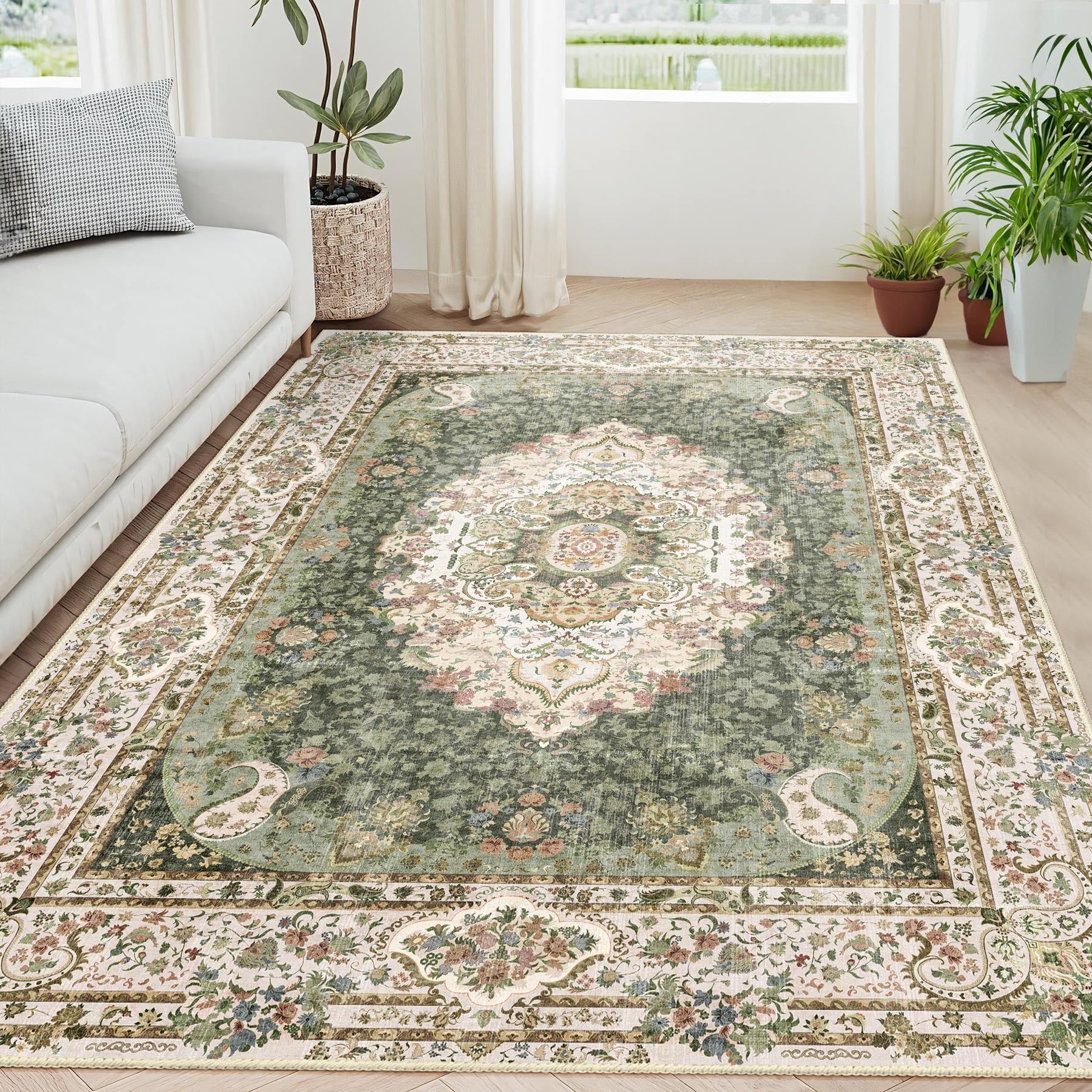 Boho Teppich Mit Blumenmuster, 150x200 Cm – Waschbar, Rutschfest, Für Wohnzimmer & Mehr