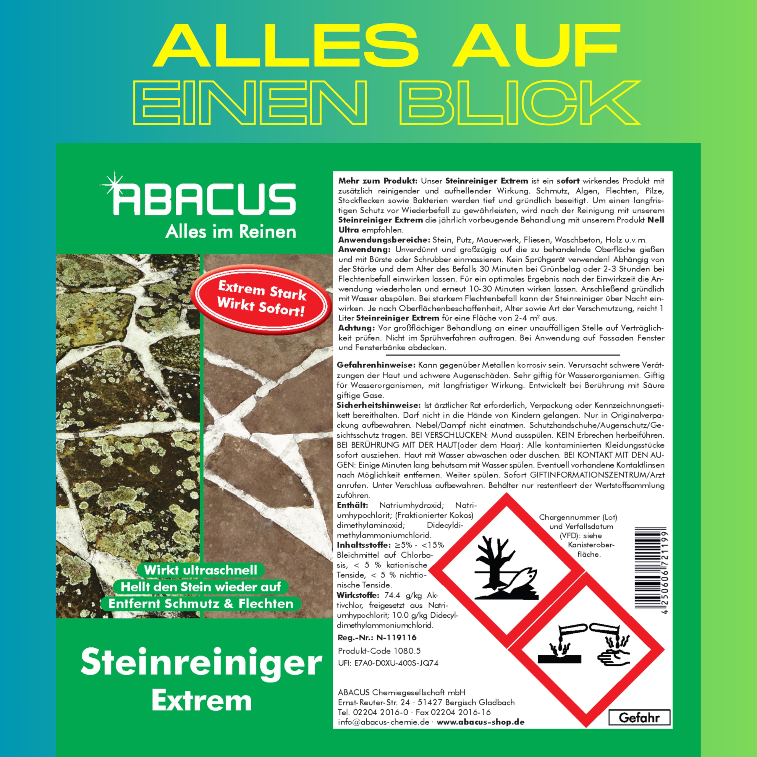 ABACUS® Steinreiniger Extrem, intensiver Steinreiniger für außen mit Sofortwirkung, entfernt sofort Schmutz, Grünbelag, Flechten & Algen in Minuten, Steinreiniger Intensiv außen 10 Liter