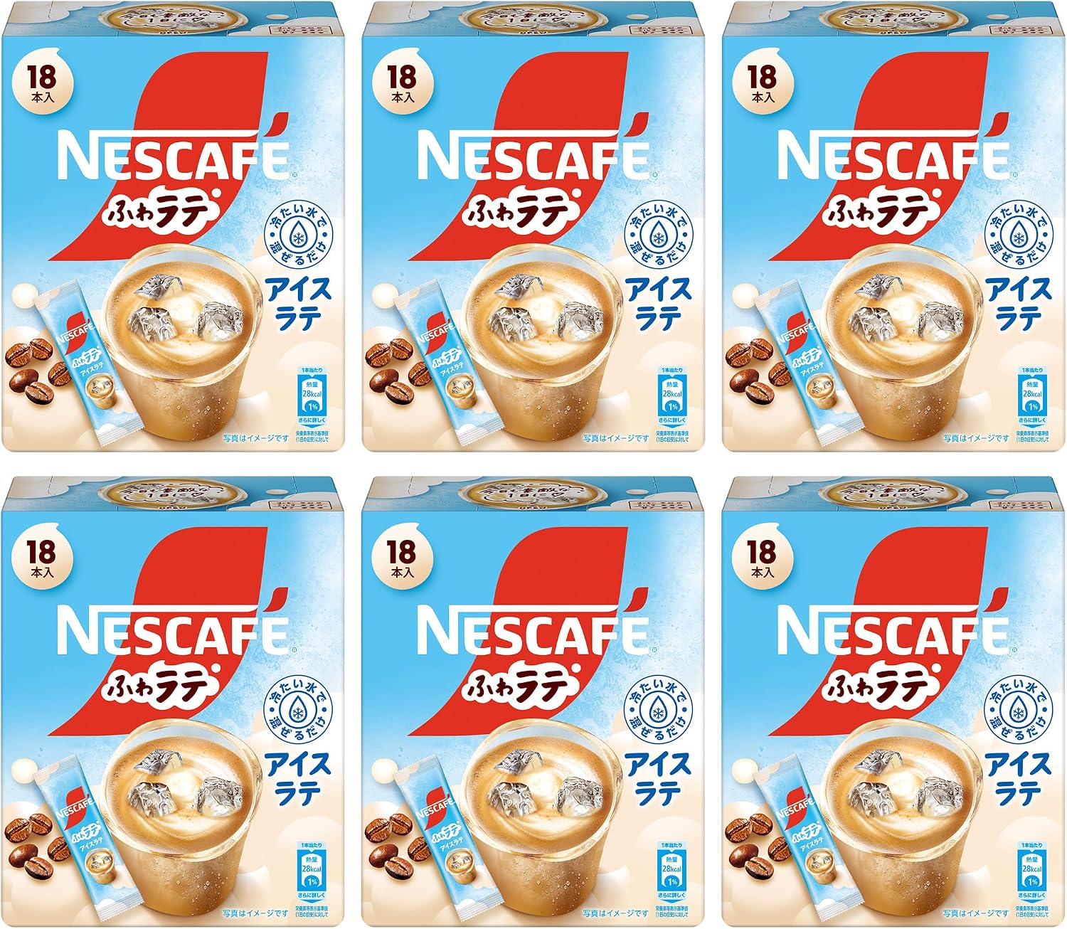 Large Capacity Stick Coffee Nescaf  Fluffy Latte Iced Latte 18 Sticks x 6 Boxes, Cafe Latte, Cafe au Lait, Individually Wrapped