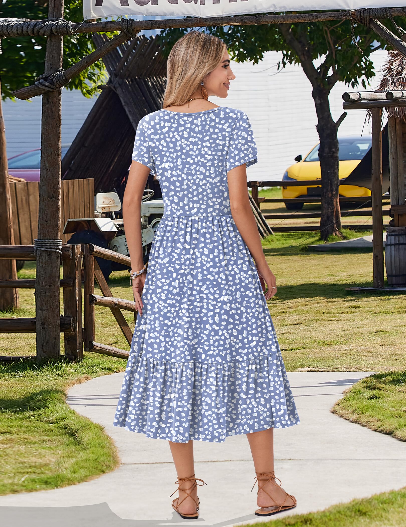 ZEAGOO Vestido Verano Manga Corta Medio-largo para Mujer Vestidos Holgado Cuello Redondo con Bolsillos Bohemio Elegante Vestido S-XXL