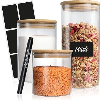 Moritz & Moritz 3 x Storage Jars with Lid Set 500 ml 750 ml 1500 ml - 3 x Storage Jars Glass with Lid Airtight Made of Bamboo - As Storage Jars Kitchen