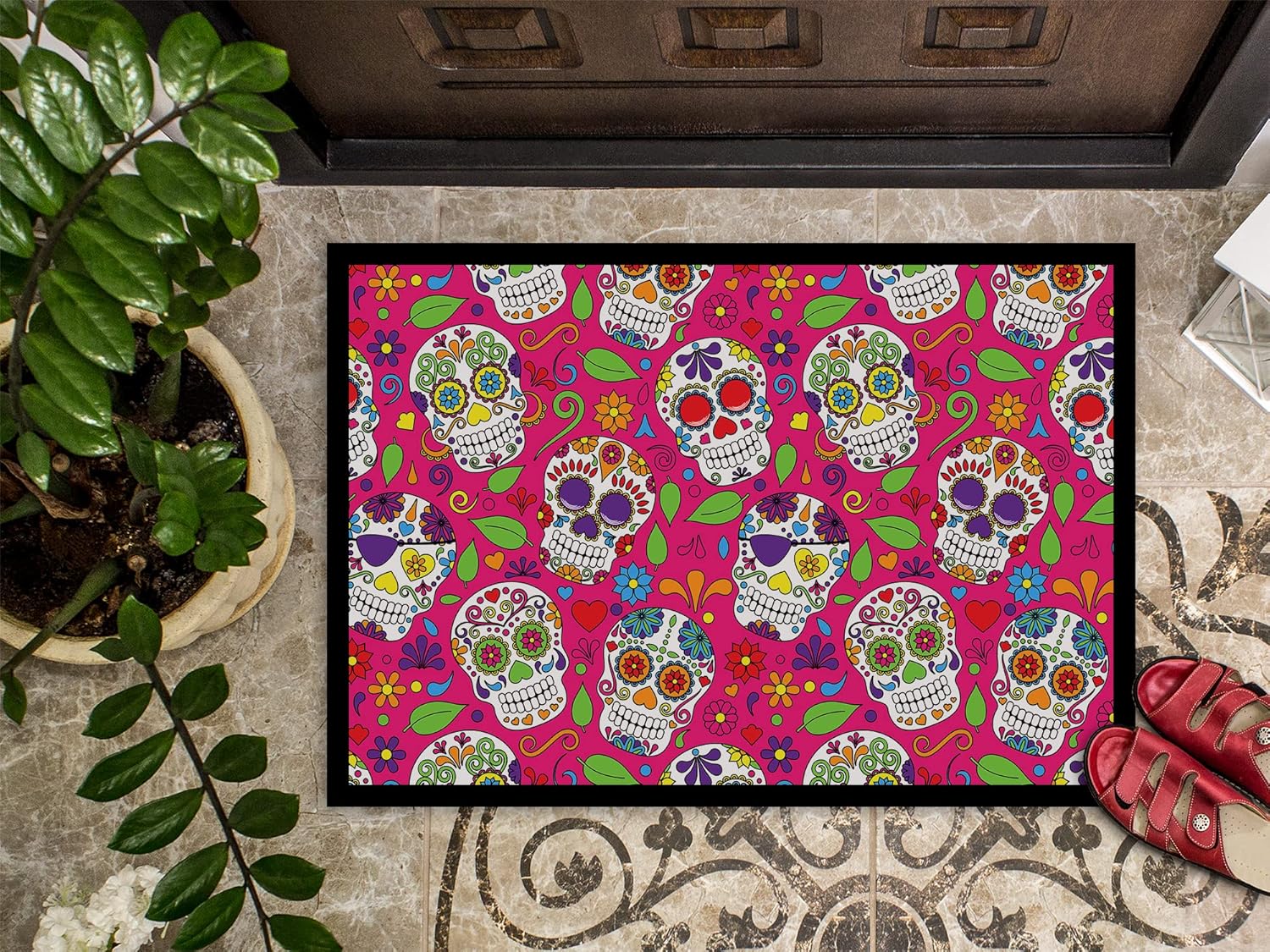 Caroline's Treasures BB5115JMAT Day of The Dead Pink Doormat 24x36 Front Door Mat Indoor Outdoor Rugs for Entryway, Non Slip Washable Low Pile, 24H X 36W