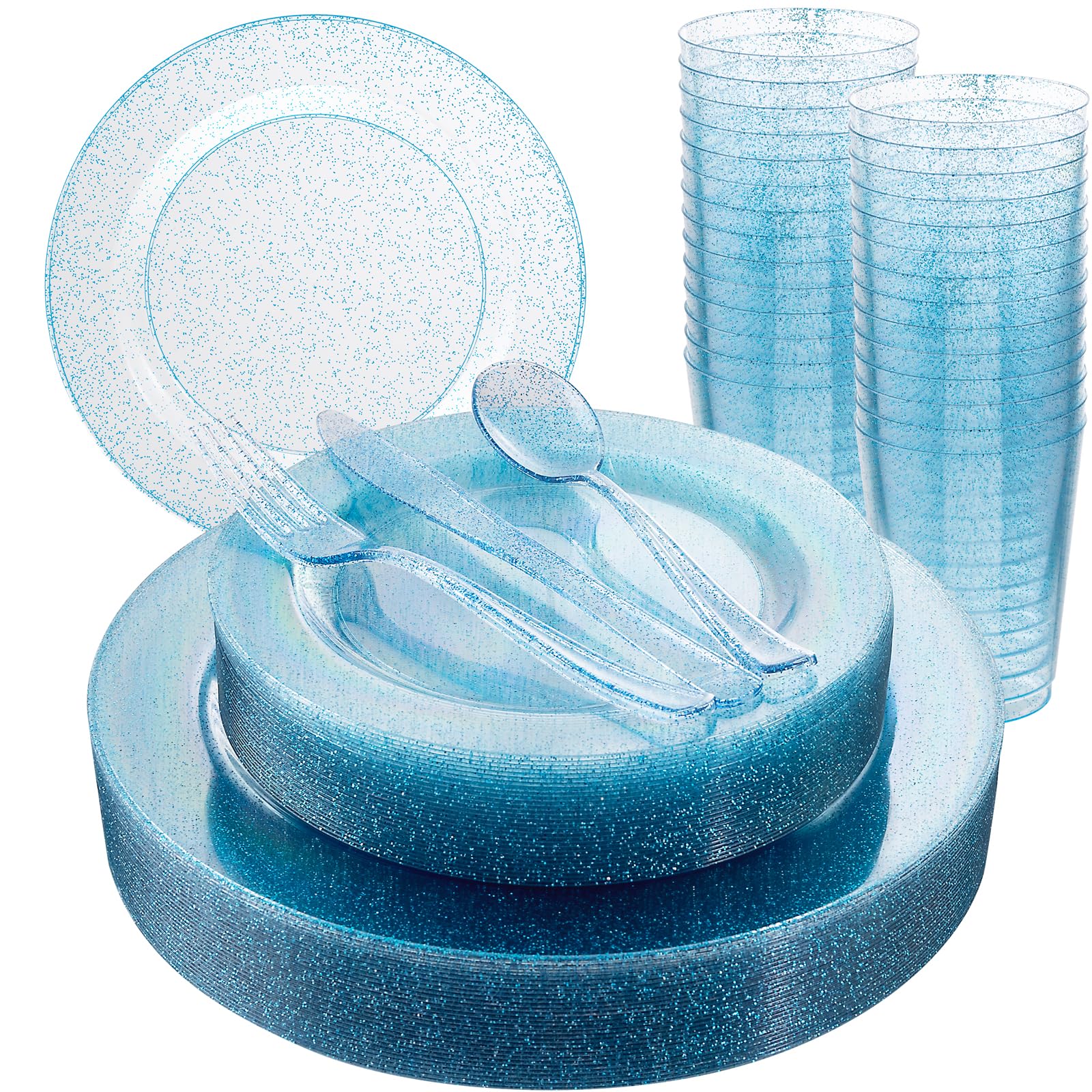 Rubtlamp 180Pcs Blue Glitter Dinnerware Set(30 Guests), Blue Plastic Plate With Glitter Disposable Silverware, Glitter Plate Set Include 30Dinner Plates, 30Dessert Plates, 90Cutlerys, 30Cups for Party clear blue