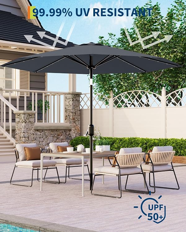 GarveeLife 10 ft Patio Umbrella with Solar Lights, 8 Ribs Outdoor Market Table Umbrella with 40 LED Lights & Tilt Crank for Pool, Deck, Backyard (Grey) by GarveeLife - Used condition - Image 5