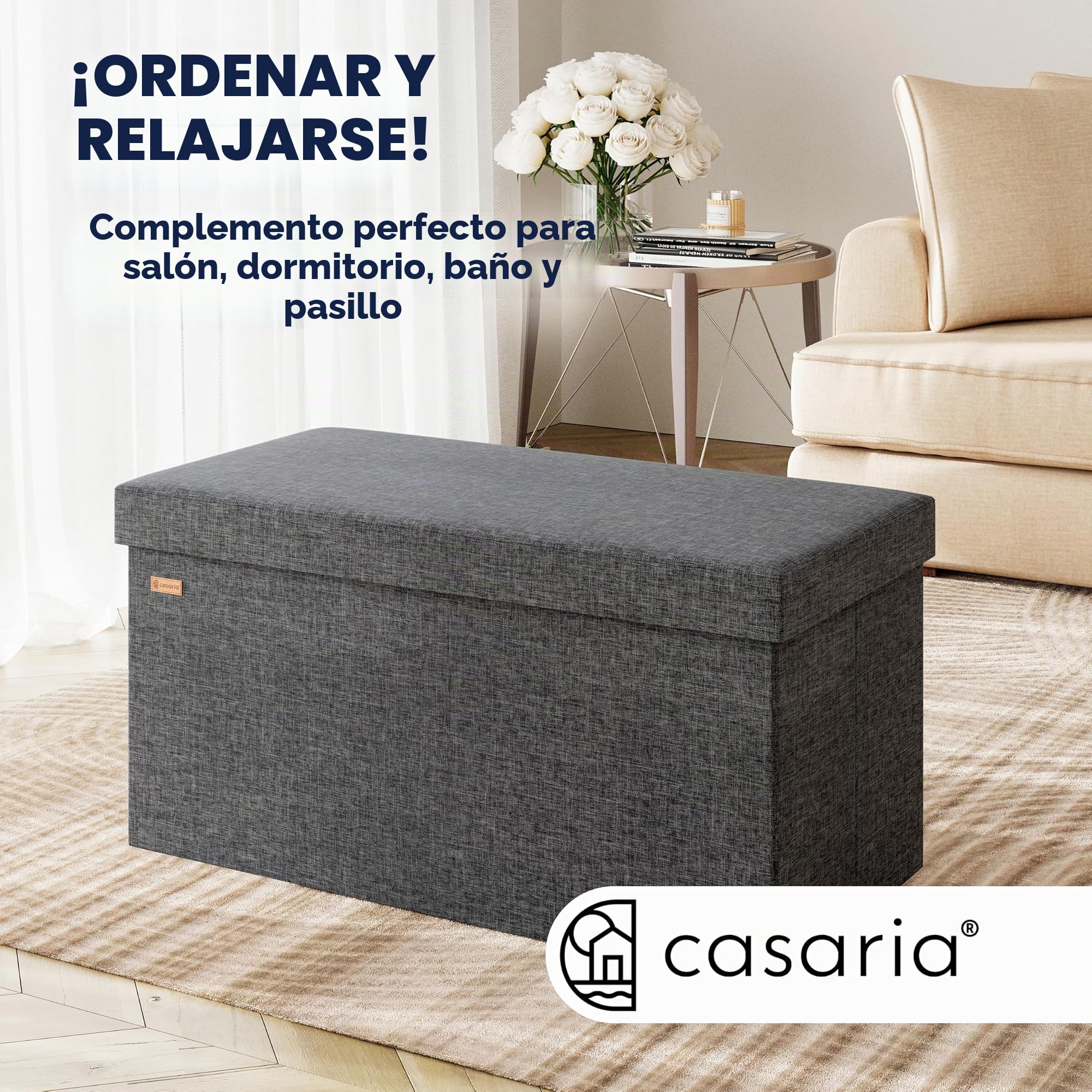 CASARIA® Banco Almacenaje Plegable Puff Reposapiés Otomana Almacenamiento Salón Dormitorio Capacidad Carga 300kg Resistente Efecto Lino 80x40x40cm Gris Oscuro