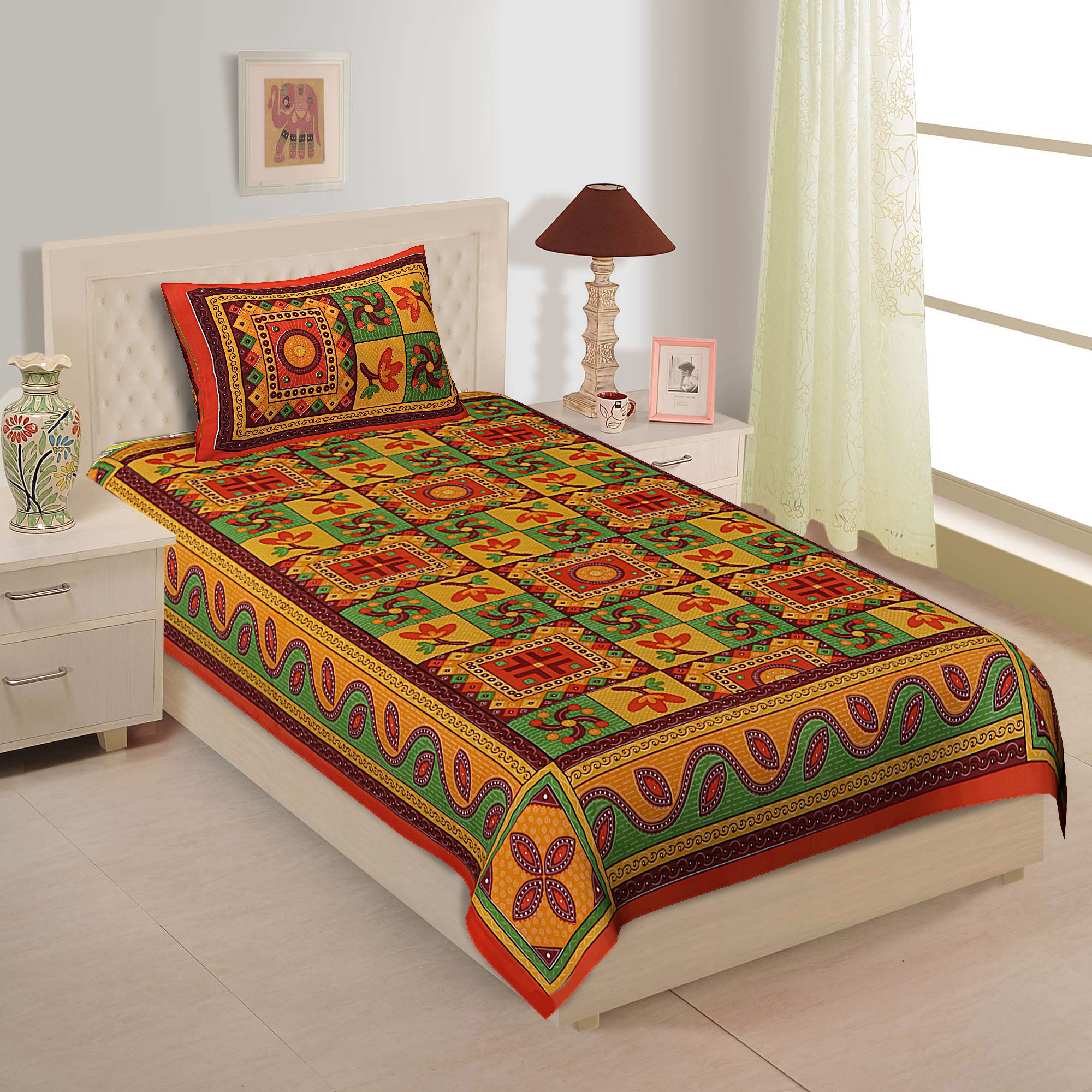 144 TC Cotton Comfort Rajasthani Jaipuri Traditional Sanganeri Printed Single Bedsheet with Pillow Cover (Orange) (B0CTX53W94) Amazon Price History, Amazon Price Tracker