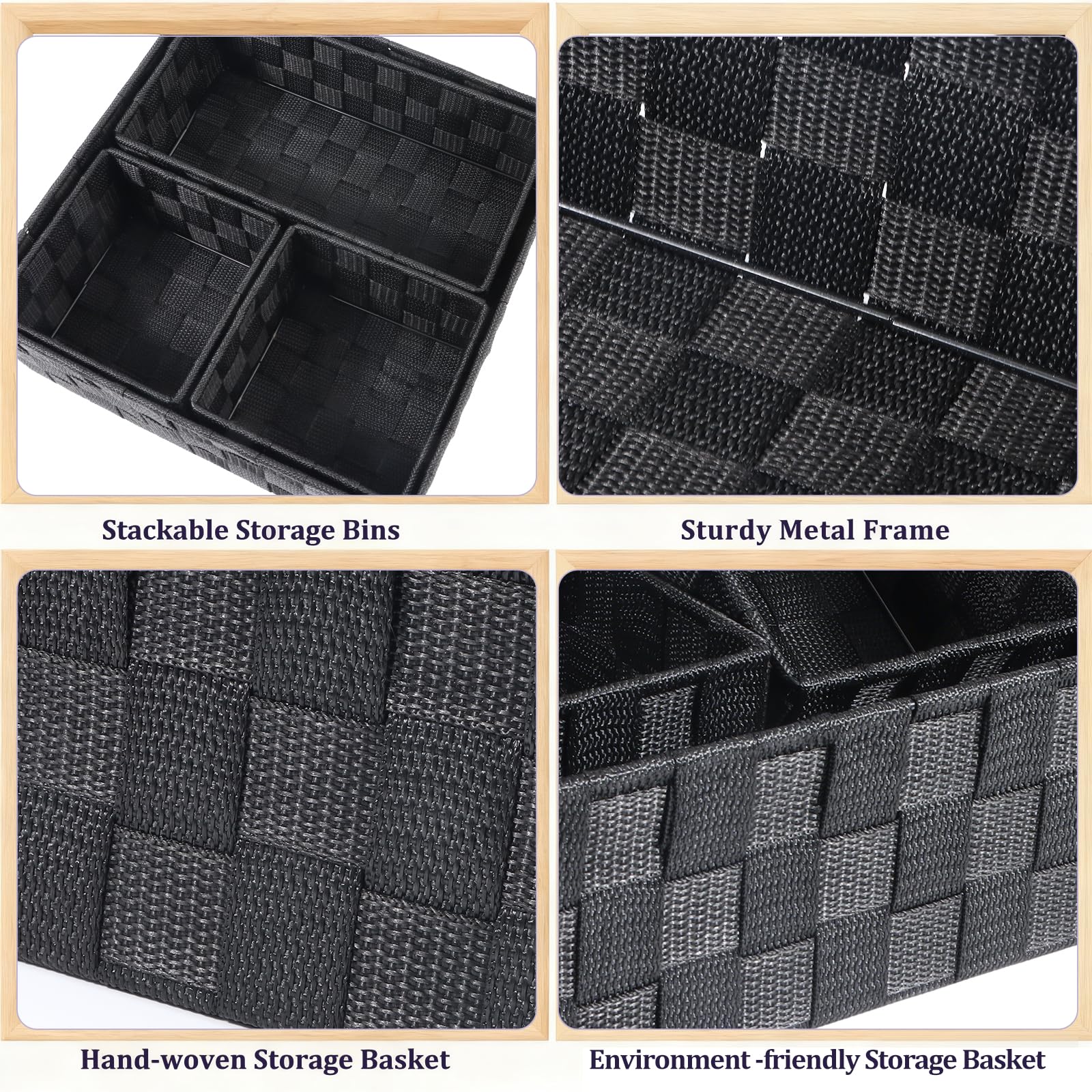 Set di 4 Organizzatori Impilabili in Rattan Sintetico Nero – Cestini Portaoggetti Senza Coperchio per Cucina, Bagno, Soggiorno e Camera | Pratici, Eleganti e Multifunzionali