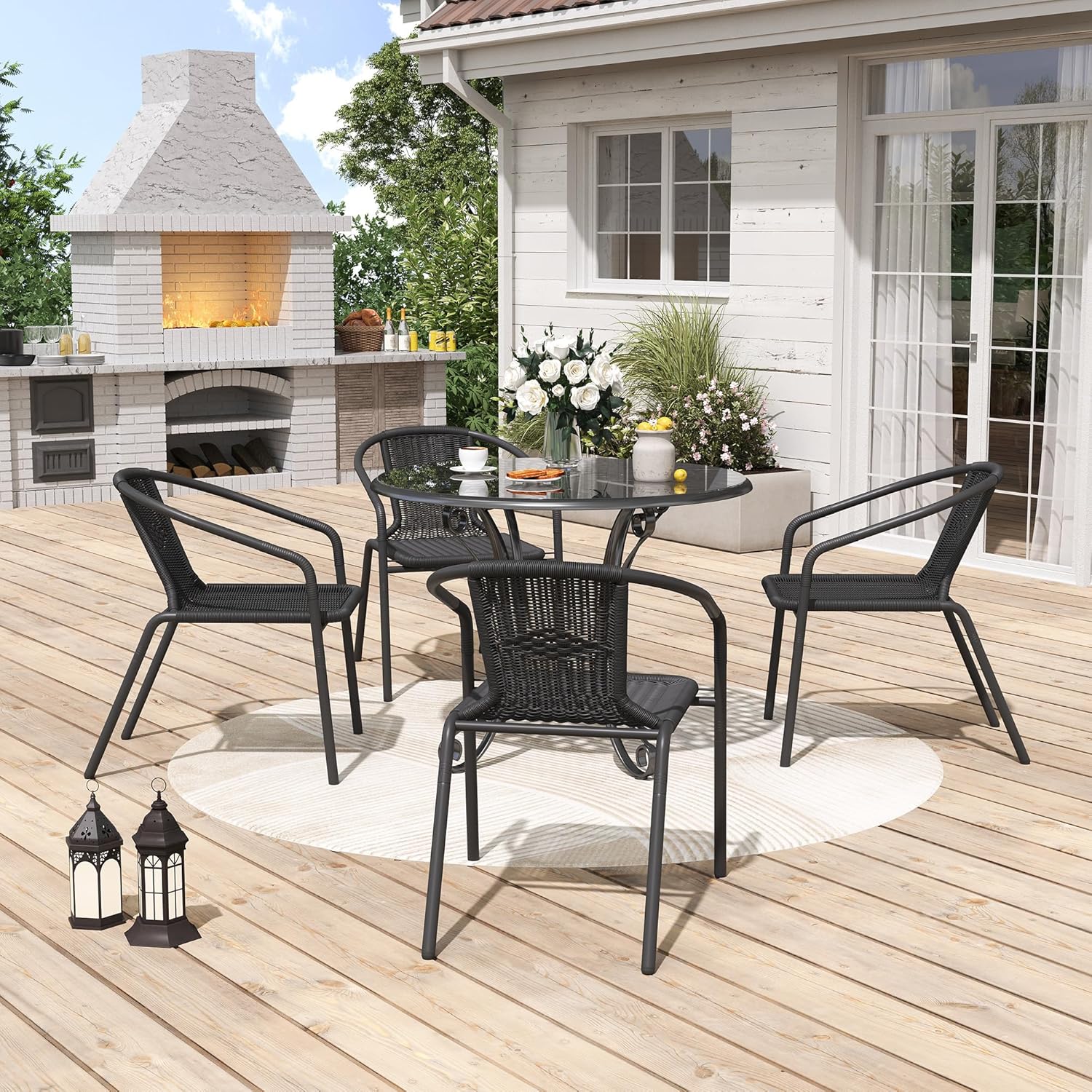 UDPATIO Rattan Patio Dining Chairs Set of 4, Wicker Stackable Outdoor Chairs with All Weather Curved Back & Metal Frame, for Indoor Bistro Deck, Black