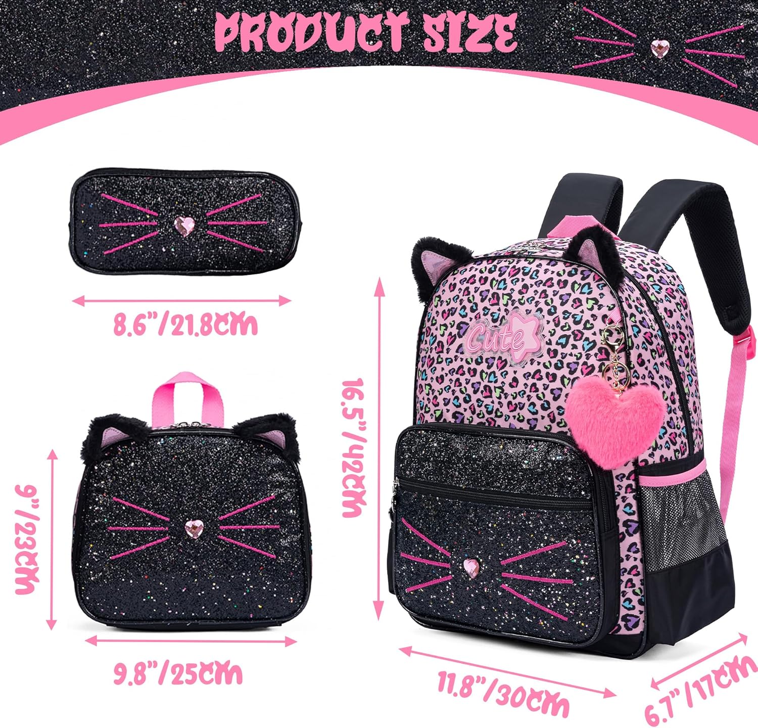 Meetbelify Black Cute Cat School Backpack for Girls Backpack with Lunch Box for Elementary Students Kids Travel Bookbag for Girls Ages 6-8 - Image 2