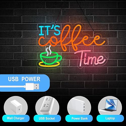 Miniatura 5 de Letrero de neón con texto en inglés "It's Coffee Time" para decoración de pared, estación de café, granja, bar, oficina, hogar, letreros LED de neón