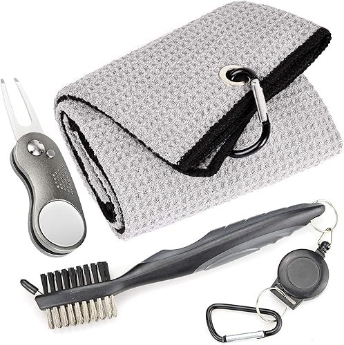 Miniatura 19 de Mile High Life Toalla de golf de microfibra con patrón de gofres Cepillo limpiador de ranuras para club Herramienta plegable con marcador