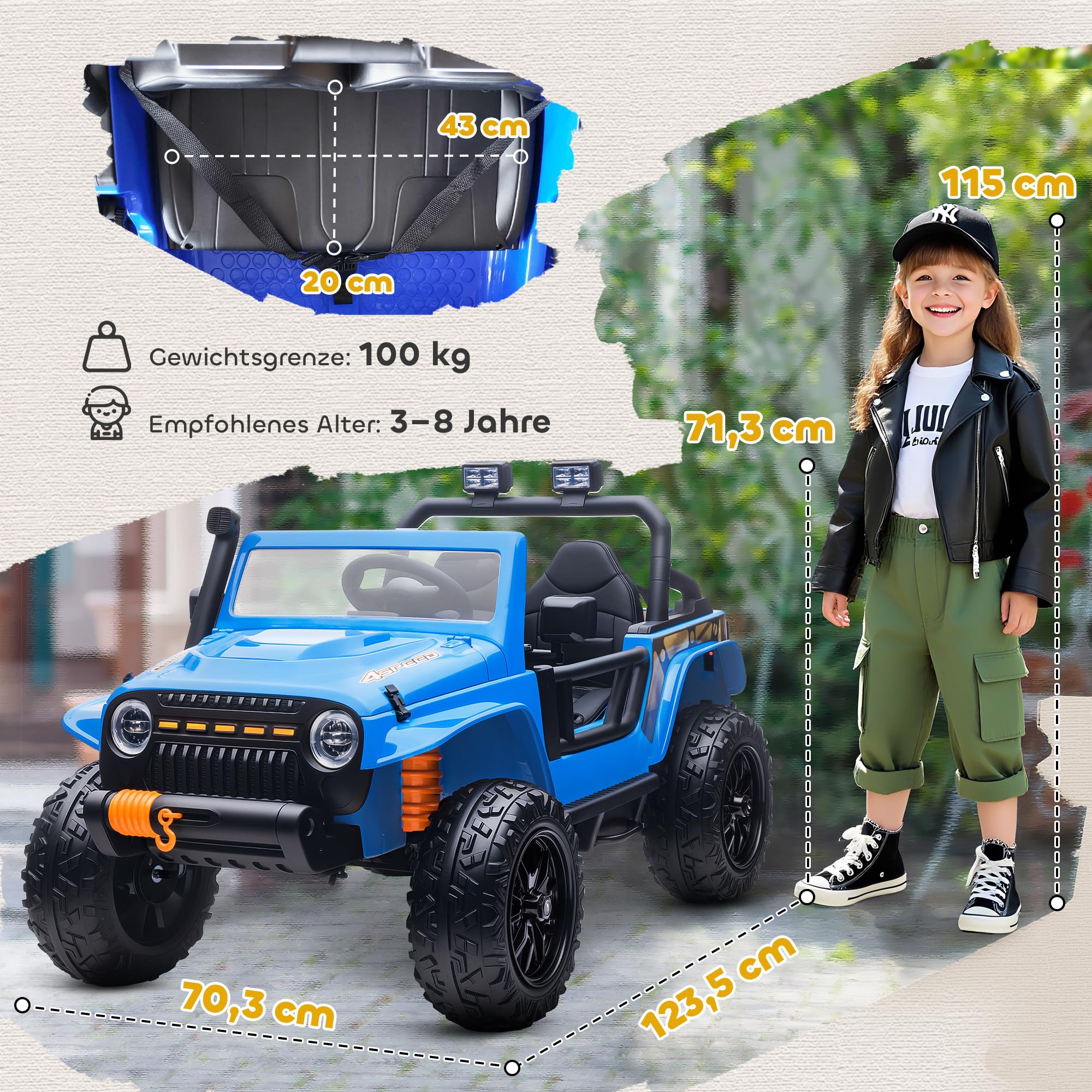 AIYAPLAY Kinder Elektroauto 12V mit Fernbedienung 2 Motor 3-8 Jahre Blau | Kinderauto Elektrisch, Kinderfahrzeug mit Hupe, LED, Musik, Elektrofahrzeug mit Eltern-Kind-Sitz, 4 gefederten Rädern