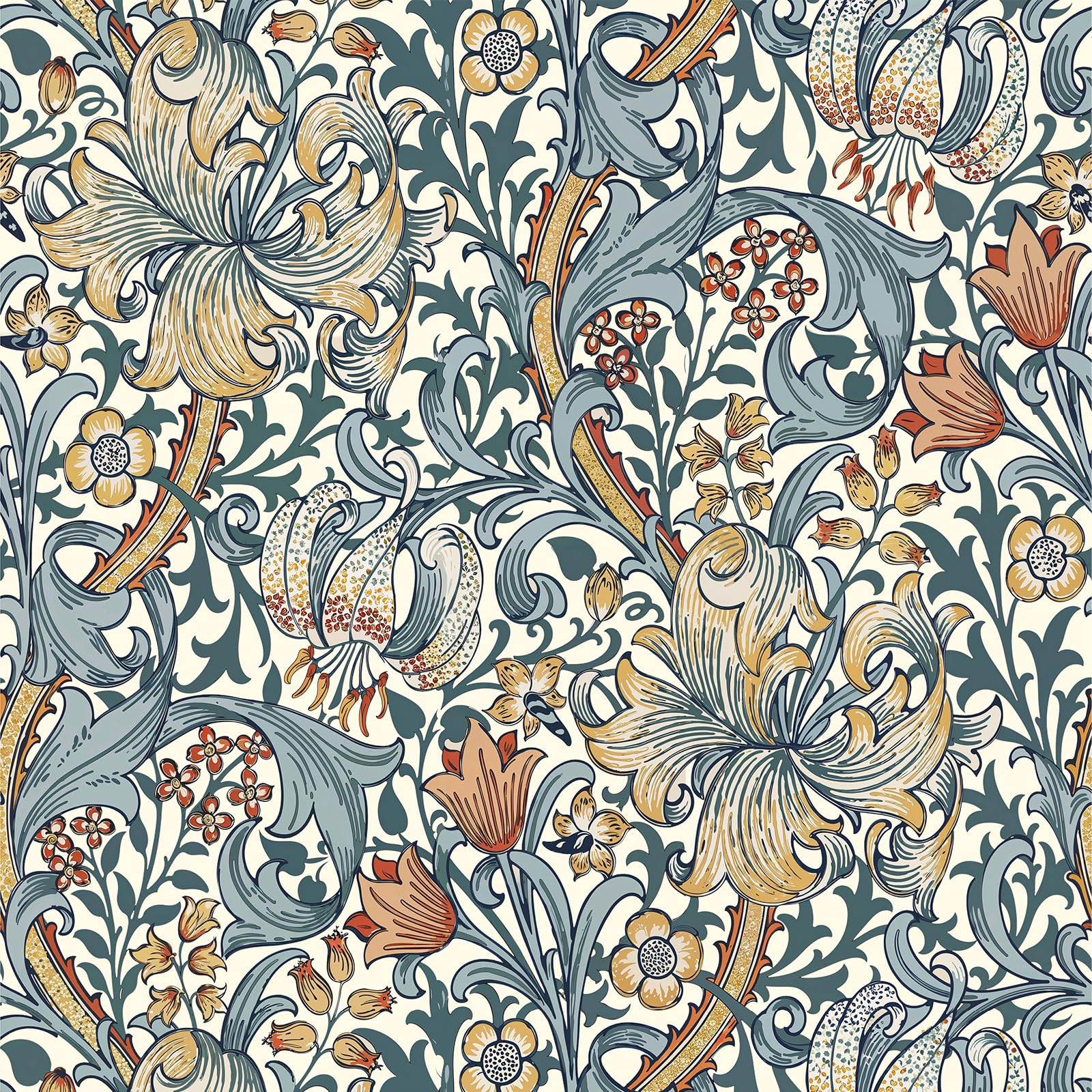 Vintage Wallpaper Peel and Stick Boho Wall Paper Removable Waterproof Golden Lily Contact Paper for Bedroom, Bathroom, Home Wall 17.3" x 118"