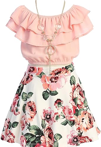 Cold Shoulder Crop Top Ruffle Layered Top Flower Girl Skirt Sets for Girl(Blush,8)