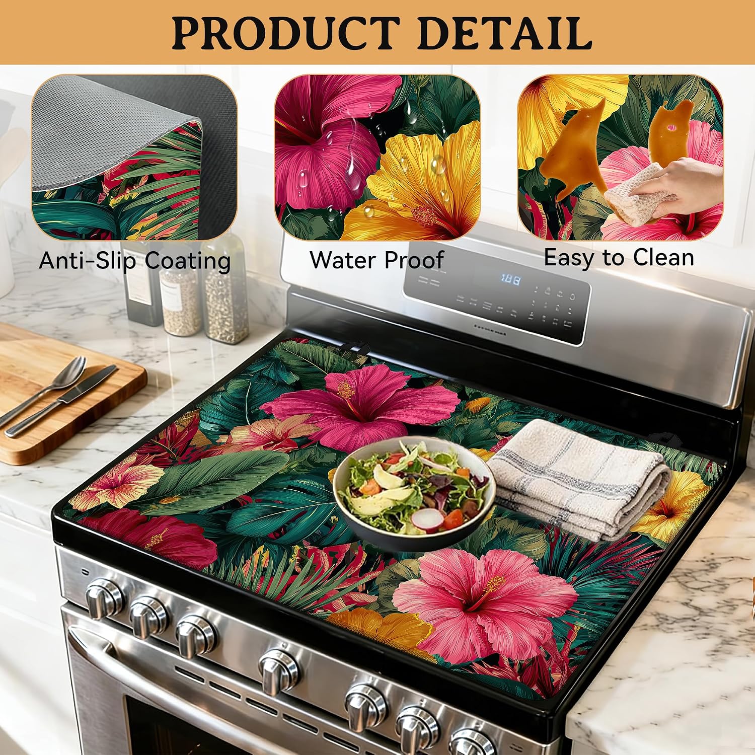 Stove Cover Tropical Flowers Hibiscus Stove Top Covers for Gas Burners Home Decor Kitchen Pad Non-Stick Washable Cooktop Covers Countertop Protector 28"x20"