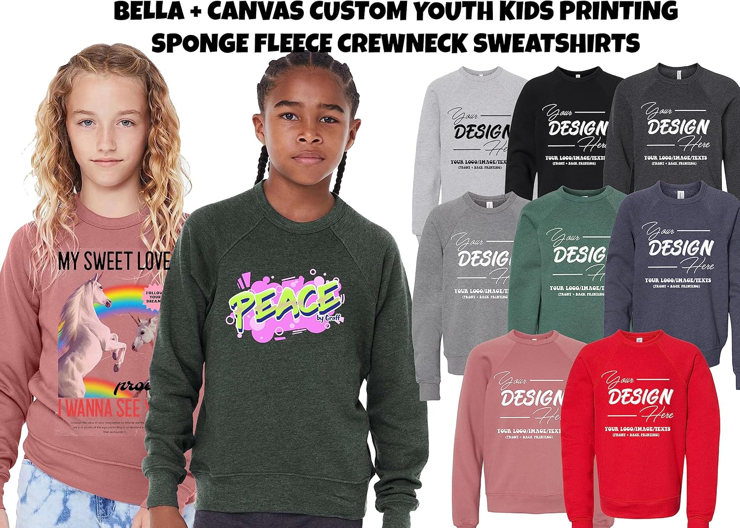 INK STITCH Youth Kids 3901y Bella Canvas Custom Printing Sponge Fleece Crewneck Sweatshirts