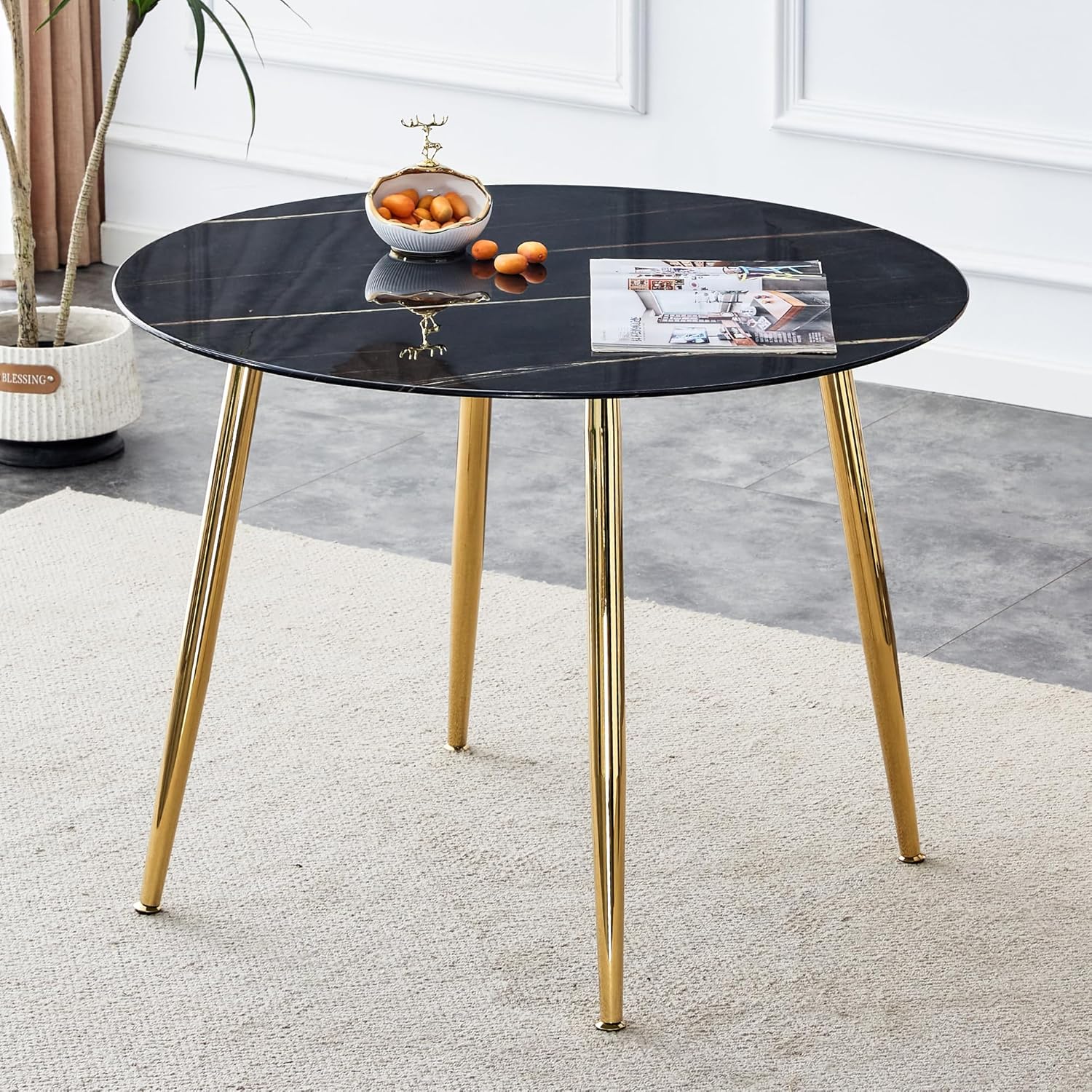 40" Round Dining Table for 4, Black Marble Kitchen Table