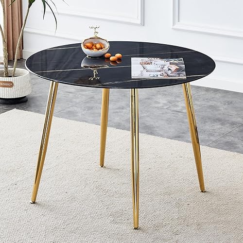 Mesa de comedor redonda de mármol de 40 pulgadas, mesa de cocina moderna con mesa negra y patas doradas, mesa de comedor redonda para cocina,
