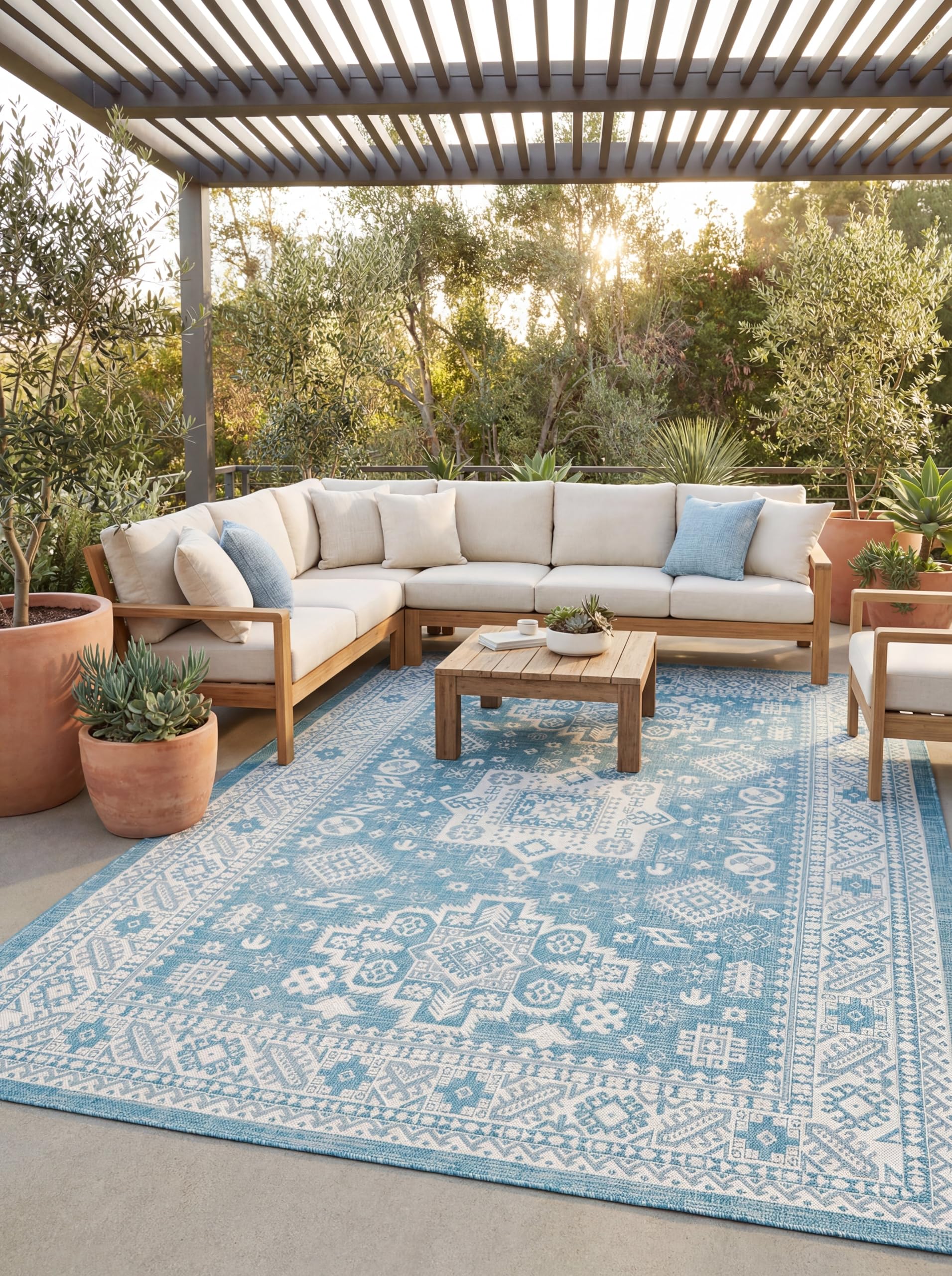 Rugs.com Outdoor Aztec Collection Rug – 8' x 11' Aqua Flatweave Rug Perfect for Living Rooms, Large Dining Rooms, Open Floorplans