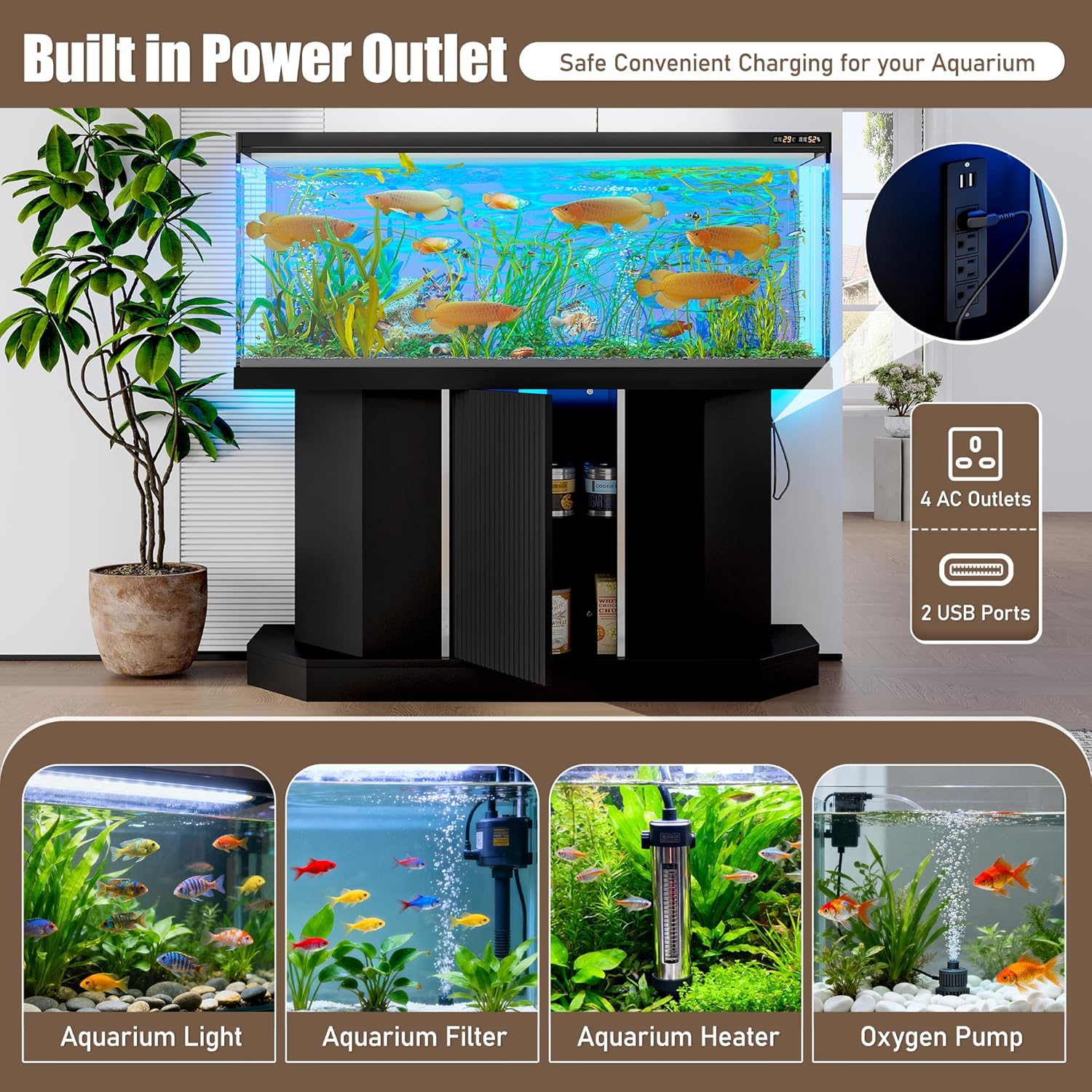 55-75 Gallon Fish Tank Stand with Power Outlet, Heavy Duty Aquarium Stand with Cabinet for Fish Tank, Turtle Tank, Reptile Terrarium, 880LBS Capacity (Black)