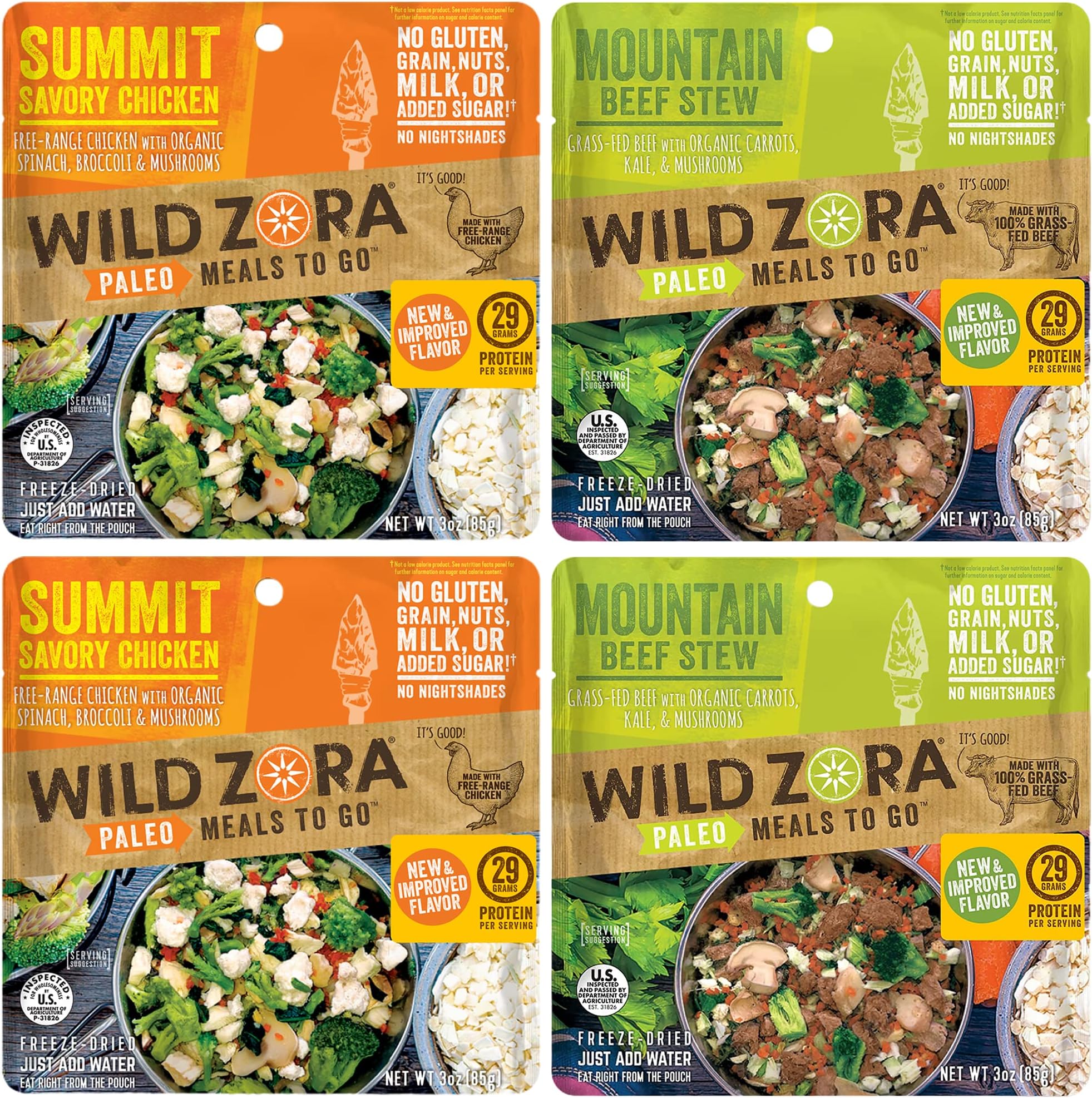 Wild Zora Paleo Freeze Dried Meals for Hiking and Camping, Healthy Meals Gluten Free and Grain-Free, Camping Foods + No Added Sugar, Pack of 4