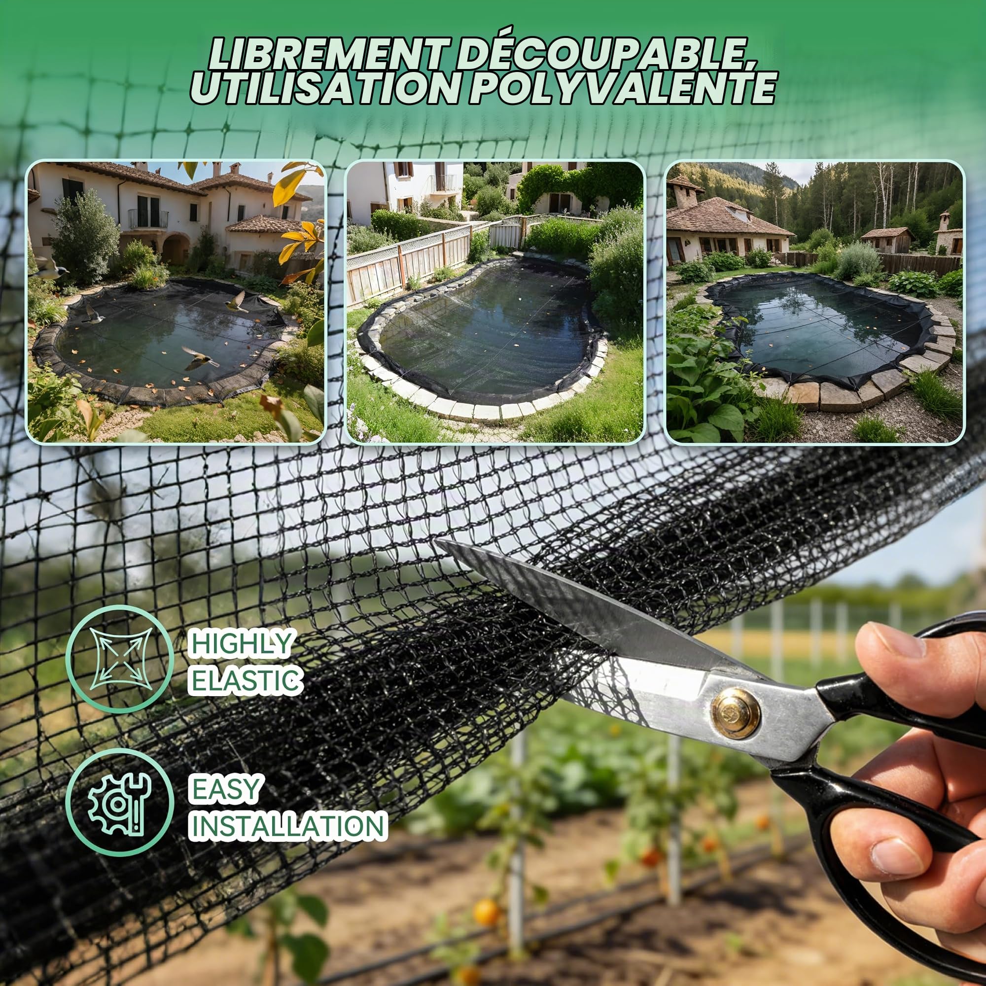 Filet Anti-Oiseaux pour Bassin 8×8m, à Mailles Fines (15×15mm), Anti-Feuilles, 20g/m², Tressé à 3 Brins, avec 20 Piquets de Fixation et 30 Serre-Câbles, pour Jardin et Potager (64m² - 8x8m)