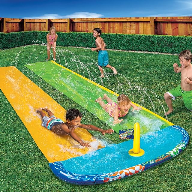 BANZAI 16ft Long Water Slide | Capture The Flag Racing Slide For Kids | Self-Sticking Inflatable Water Slider | Two Separate Slides With Sprinklers Water Play | Garden Games For Kids | Easy to Set Up