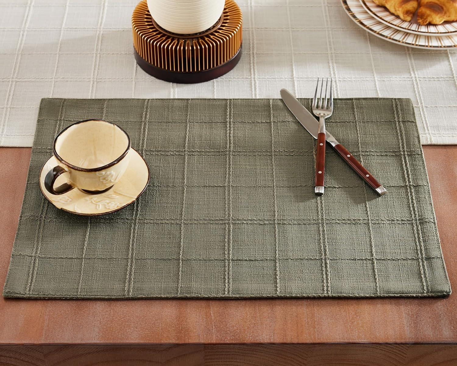 ZeeMart Linen Checked Placemats Set of 6, Plaid Embroidery Textured Table Mats, Double Layer Thick Farmhouse Rustic Place Mats for Kitchen Dining Table Home Decor, Olive 13x19 Inch