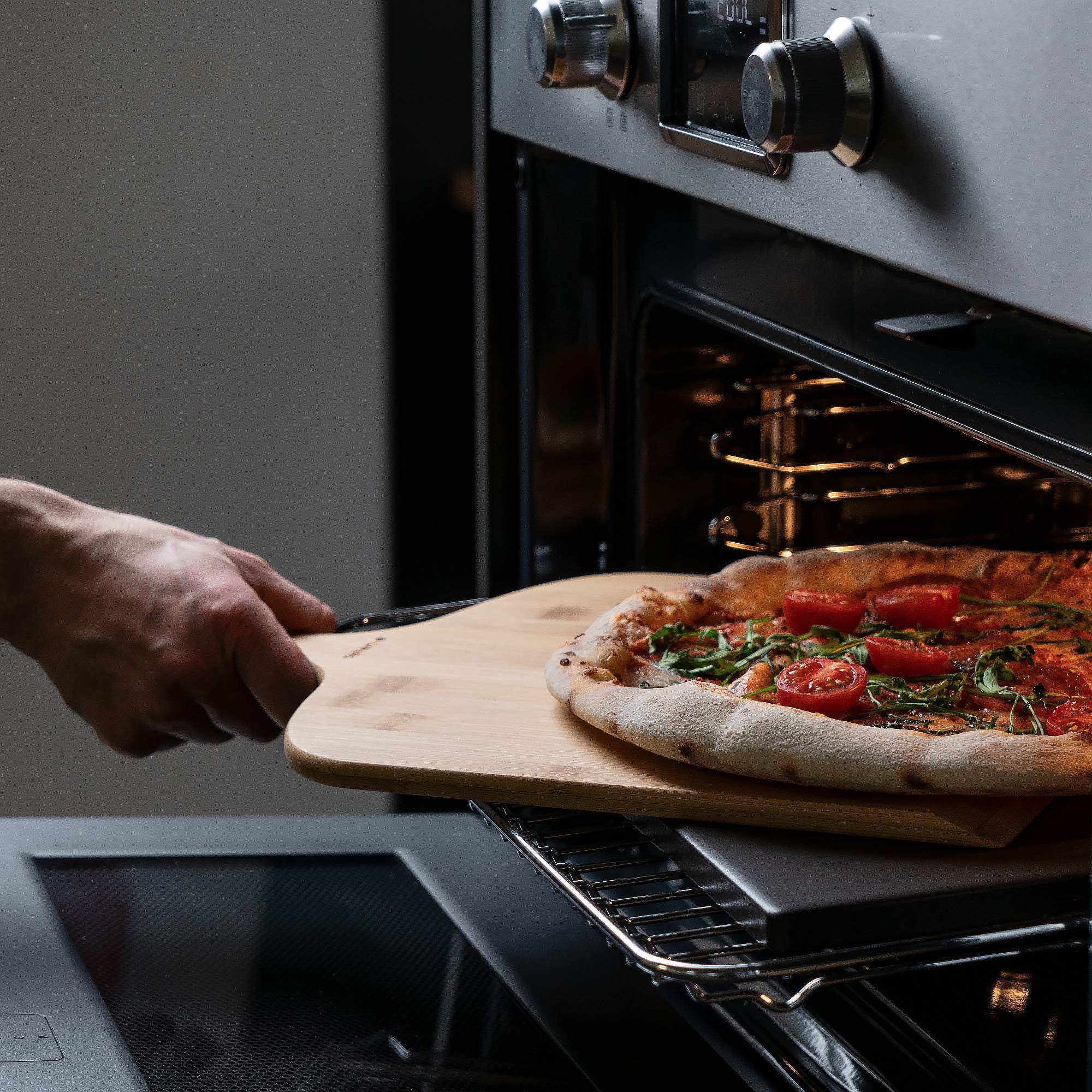 Navaris Piedra para Pizza con Pala de Bambú - Stone para Horno y Barbacoa - Cordierita 38 x 30 cm