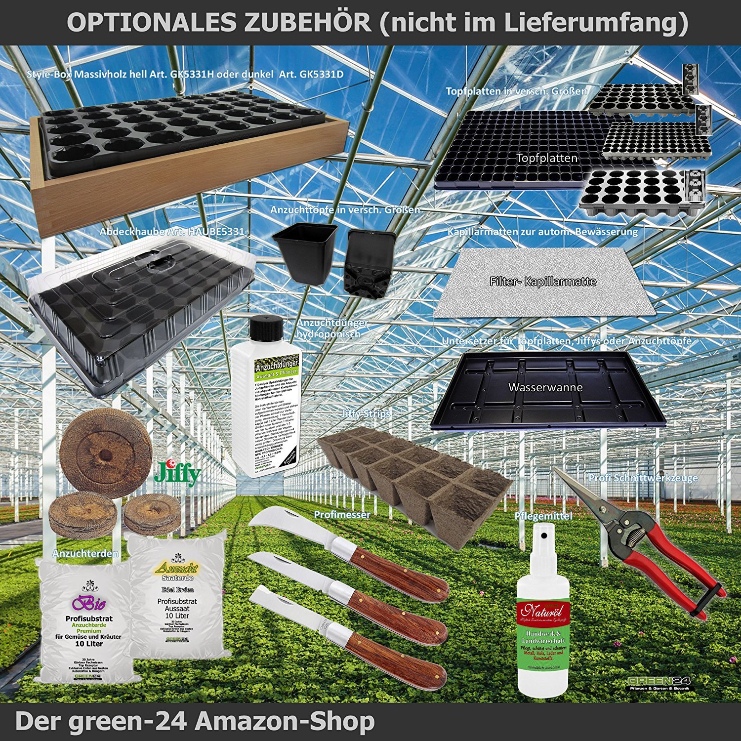 GREEN24 Hydroponik 40. Zimmer-Gewächshaus Profi XL mit automatischer Bewässerung für die Anzucht Zimmer Treibhaus mit Wanne + Kapillarsystem + Topfplatte + Haube