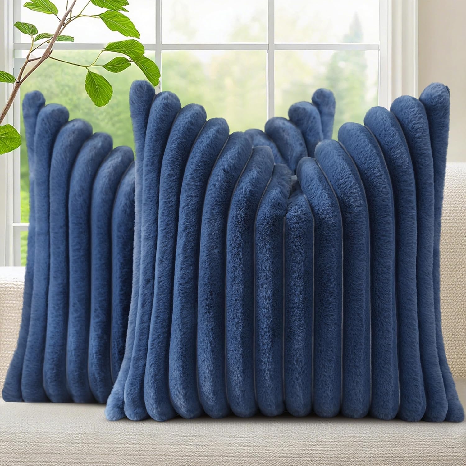 decorUhome Faux Fur Christmas Throw Pillow Covers 20x20 Set of 2, Decorative Soft Plush Striped Neutral Couch Euro Pillow Covers with Velvet Back for Sofa, Bed, Living Room Home Decor, Blue Navy Blue 20" x 20" (Pack of 2)