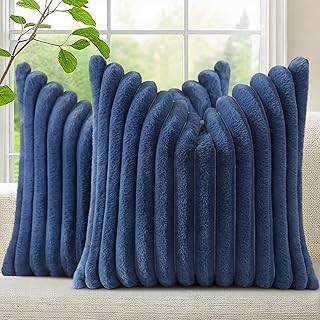 decorUhome Faux Fur Throw Pillow Covers 18x18 Set of 2, Decorative Soft Plush Striped Neutral Couch Euro Pillow Covers with Velvet Back for Sofa, Bed, Living Room Home Decor, Blue